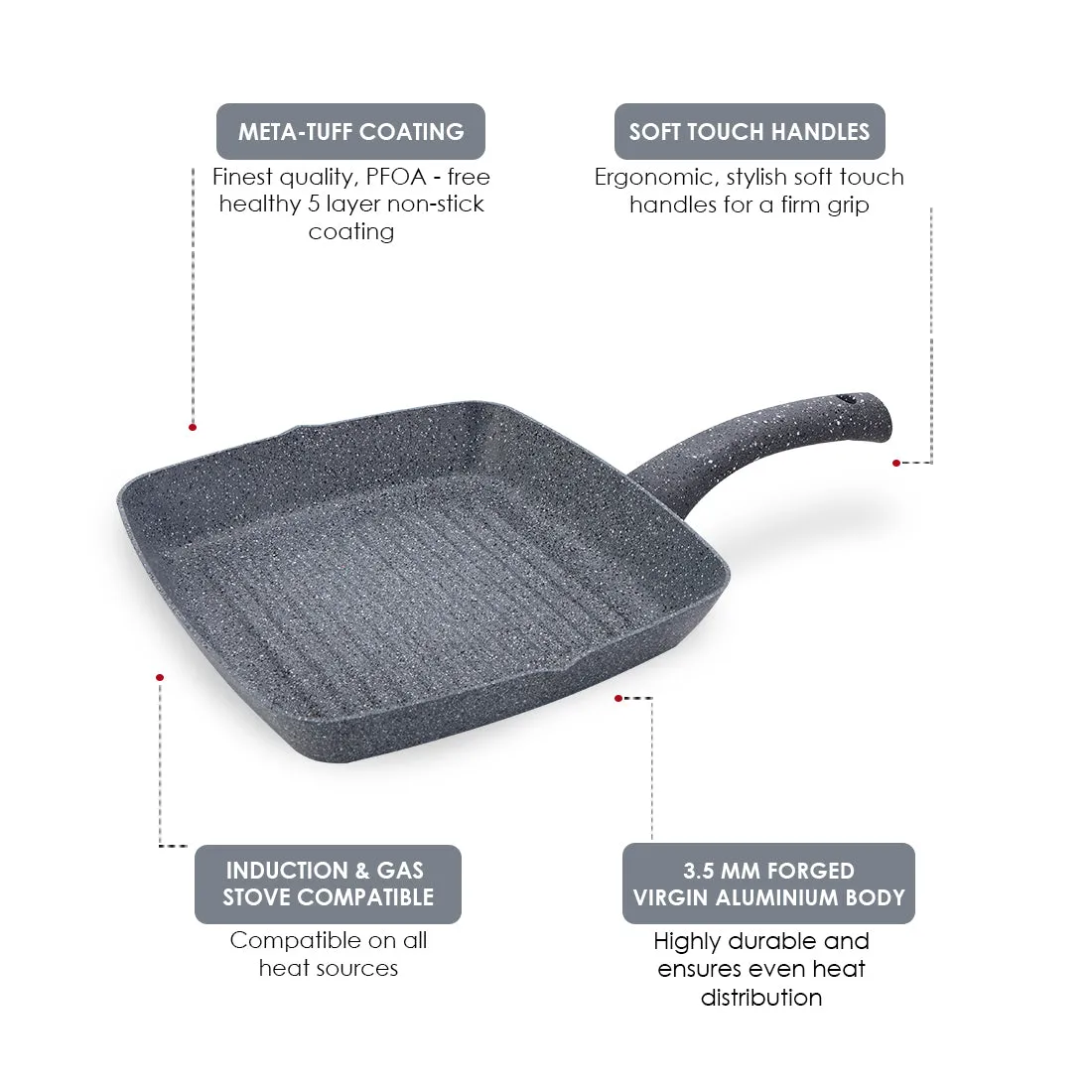 Granite Non-stick Grill Pan, Soft-touch Handle, Virgin Grade Aluminium, PFOA/Heavy metals free, 3.5mm, 2 years warranty, Grey