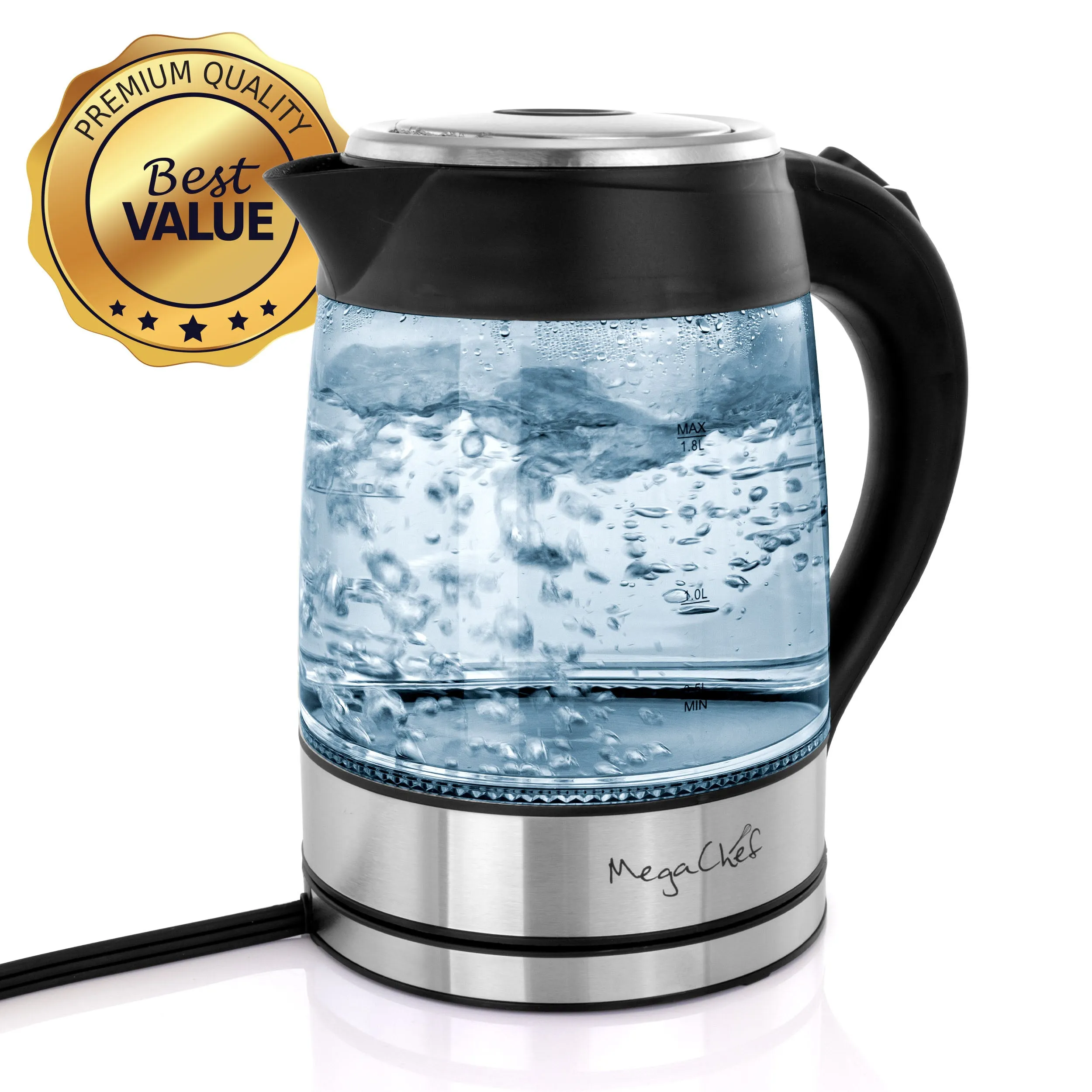 MegaChef 1.8Lt. Glass Body and Stainless Steel Electric Tea Kettle