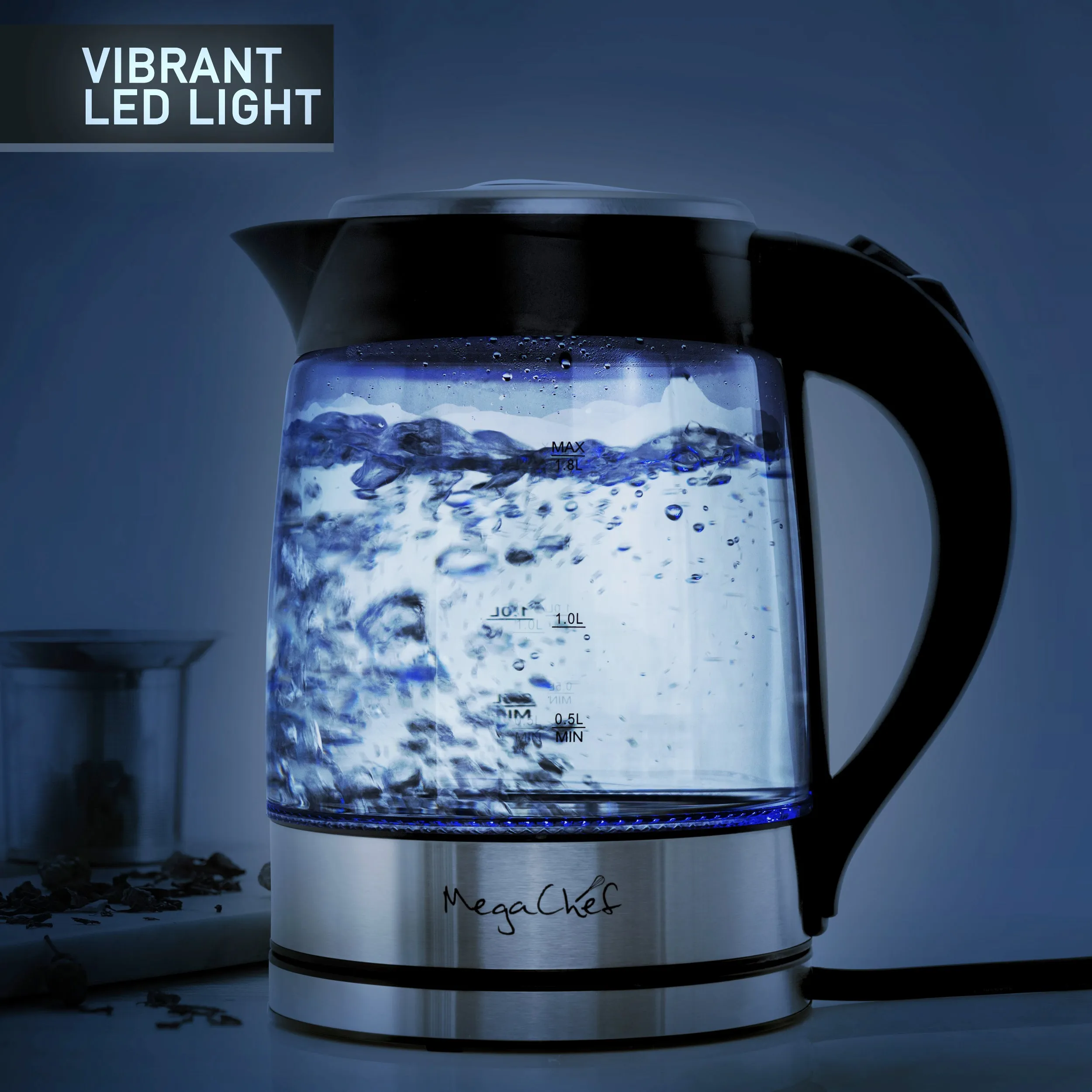 MegaChef 1.8Lt. Glass Body and Stainless Steel Electric Tea Kettle