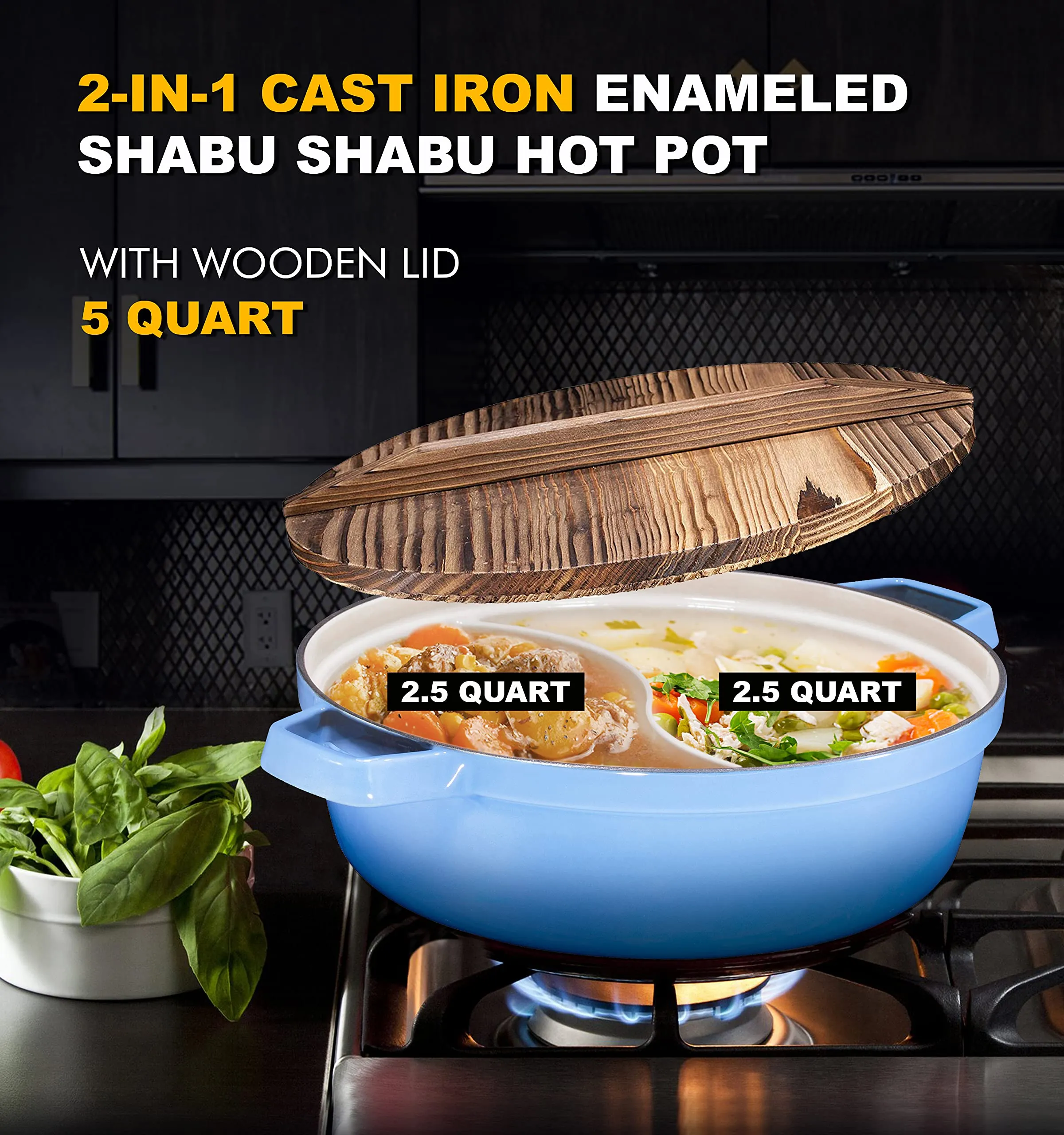 Non-Stick 2-In-1 Cast Iron Enameled Shabu Shabu Hot Pot with Wooden Lid  Heavy Duty 5