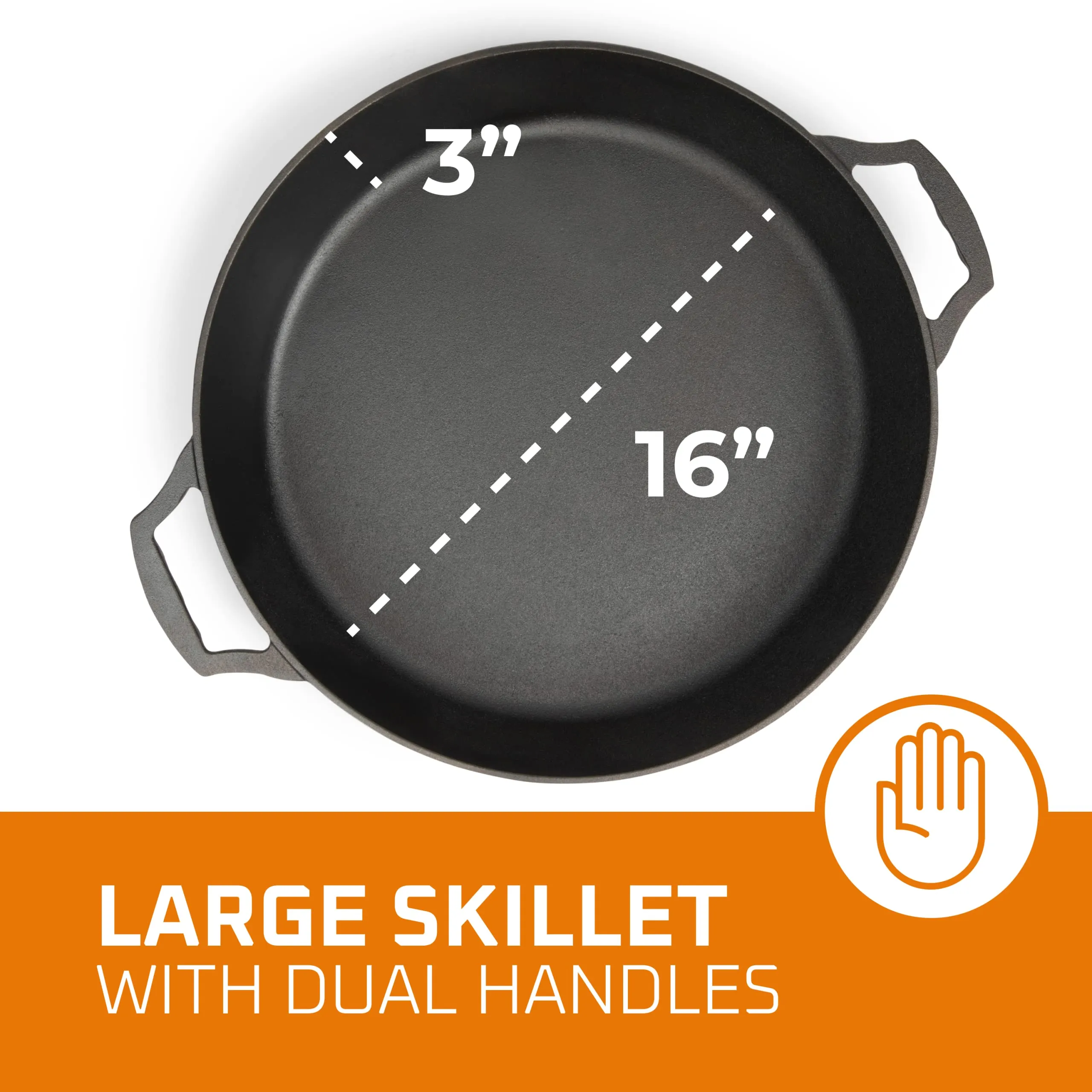 PreSeasoned Cast Iron Grill Pan For Outdoor/Indoor Cooking. 16" Large Skillet With Dual H